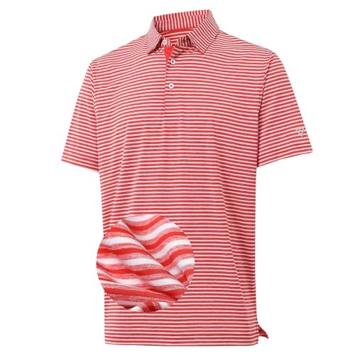 M MAELREG Golf Polo Shirts for Men Stripe Performance Moisture Wicking Dry Fit Collared Mens Polo Shirts Short Sleeve