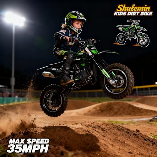 Image of 50CC Kids Dirt Bike,2-Stroke Gas Powered Mini Dirt Bike for Kids Up to 35 MPH Off-Road Motorcycle with 10-Inch Tires Disc Brakes 330LBS Max Load Pull Start Gift for Boys Girls Youth 8-14 (Green 2026)
