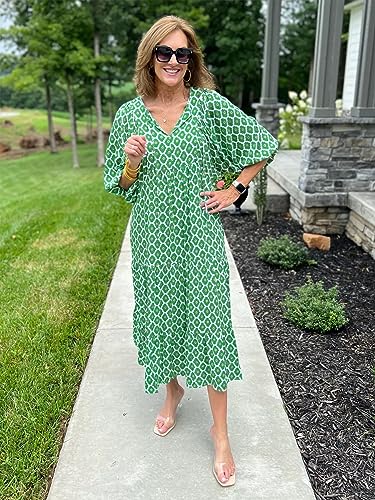 Miduo Womens Loose Fit V Neck Half Sleeve Bohemian Geometric Diamond Pattern Maxi Long Dresses Boho Ankle Dresses Green S thumb #5