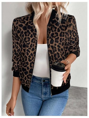 OYOANGLE Women's Cheetah Print Zip Up Jacket Long Sleeve Casual Lightweight Bomber Jackets Outerwear4