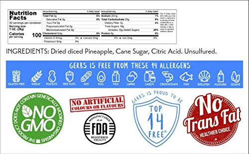 Gerbs Dried Pineapple Cubes 2 Lbs. | Freshly Dehydrated Resealable Bulk Bag | Top Food Allergy Free | Sulfur Dioxide Free Diced Pineapple | Effective In Acne Flairs & Bone Health | Gluten & Peanut Free #TOP6