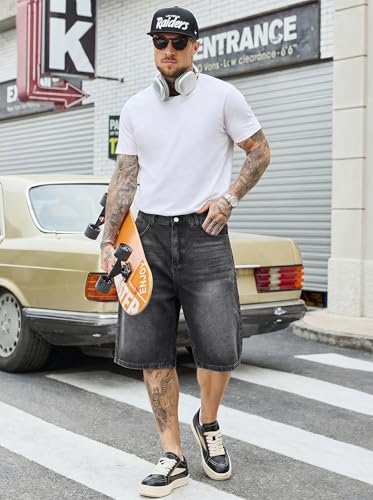 Image of PLEPAN Mens Super Baggy Jean Shorts 12 inch Vintage Loose Fit Wide Leg Long Jorts Y2K Streetwear Below Knee Denim Shorts