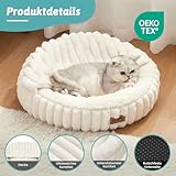 COZY KISS Katzenbett mit Decke 58x58x15cm - Flauschige Mittlere Katzenhöhle - Kissen, Runde kleine Hundebett mit Rutschfester Unterseite, Katzensofa mit Kopfstütze aus Kunstfell, Waschbares, Creme