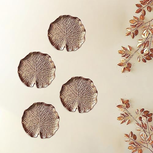 Image of Art Street Golden Lotus Leaves Tray MDF Wall Plate For Living Room, Decorative Wall Hanging Carved Decal for Home Decor (Set of 4, 7.2x7.4 Inch)