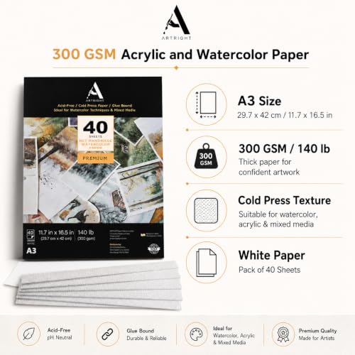 Image of ArtRight Artists' Acrylic Paper (A3 Pack of 40 Sheets, 300 GSM); 300 GSM Handmade Sheets for Gouache & Mixed Media Paintings