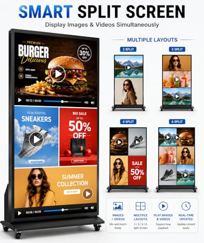 Image of 75 Inch Full Screen Digital Signage Display, 4K UHD Floor Standing Digital Poster Kiosk with Android System, WiFi, HDMI, USB Input, CMS Remote Management for Retail Stores, Hotels, Business