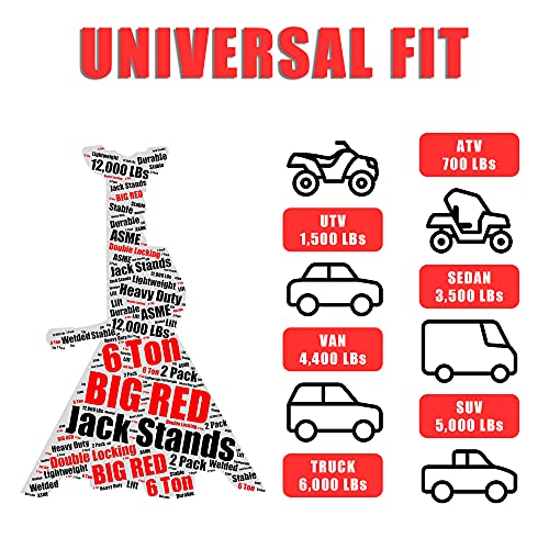 Image of BIG RED T46002A Torin Steel Jack Stands: Double Locking, 6 Ton (12,000 lb) Capacity, Red, 1 Pair