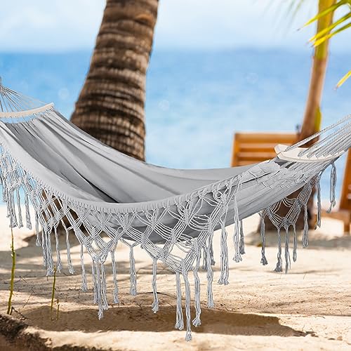Image of MOSFiATA Backyard Hammock with Tassels Max 500lbs Canvas Fabric Bohemian Style with Thickened Rope and Carry Bag for Outdoor, Garden, Patio, Wedding Decor (Gray)