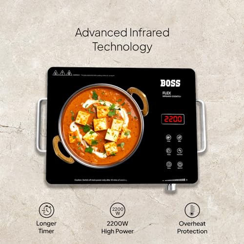 Image of BOSS Flex Infrared Cooktop 2200W | 3 Preset Menus | Grill Stand to BBQ & Roast | Glass & Digital LED Display with Functions | Adjustable Temperature Knob | SS Handle | Auto Cut-Off