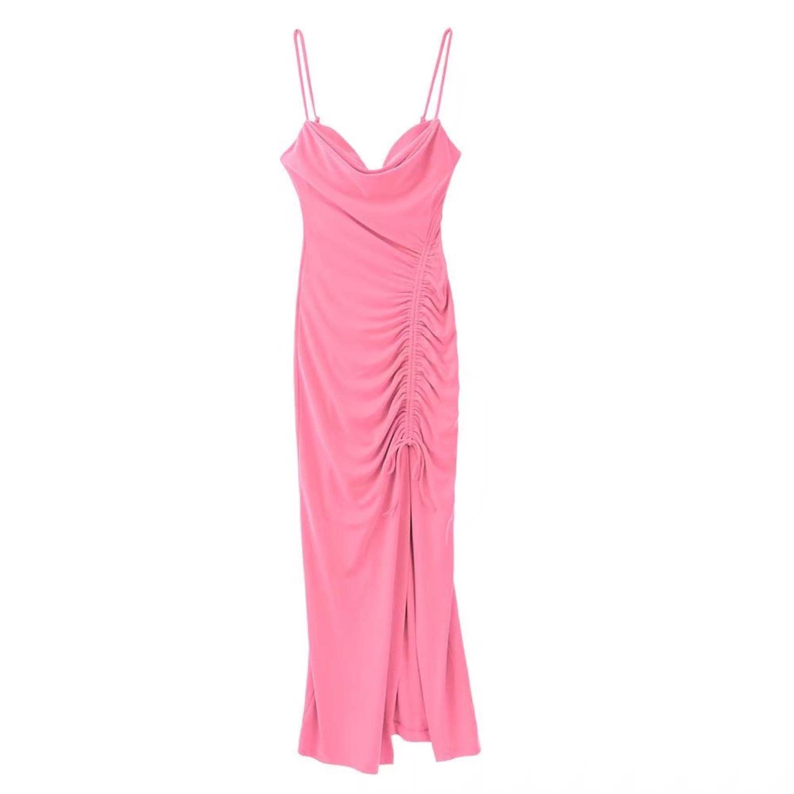 Vestido midi plisado de moda para mujer, elegante, verde, rosa, blanco, con cuello en V, sin mangas, con abertura larga, camisola elegante, para mujer, túnica