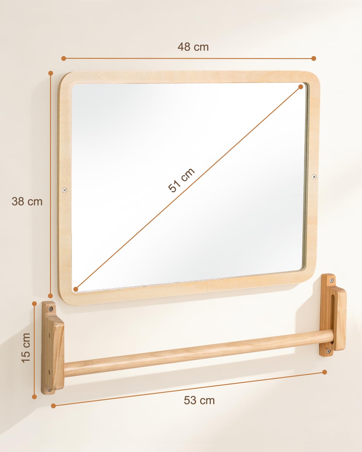 Montessori Espejo con barra – Espejo de madera ajustable en altura para aprender a montar y aprender a caminar – Espejo de pared seguro con barra antigiro para niños de 6 a 18 meses, promoción
