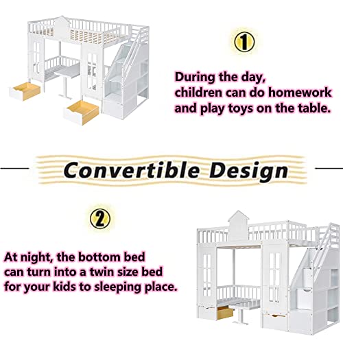 MERITLINE Twin Over Twin Castle House Loft Bed with Stairs and Storage Drawers,Solid Wood Princess Convertible Bunk Bed with Desk and Seat (White (Convertible))