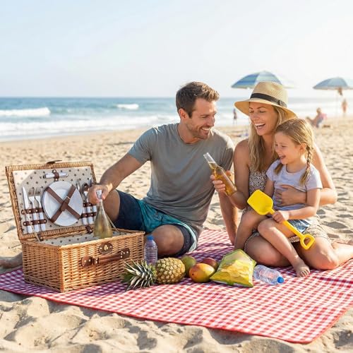 Image of Multifunctional Wicker Picnic Basket Set for 4 Blanket Family Folding Wine Table,Insulated Portable Extra Big Storage Capacity Woven Rattan Canasta De Full Tablewares Camping Outdoor Flowers Star