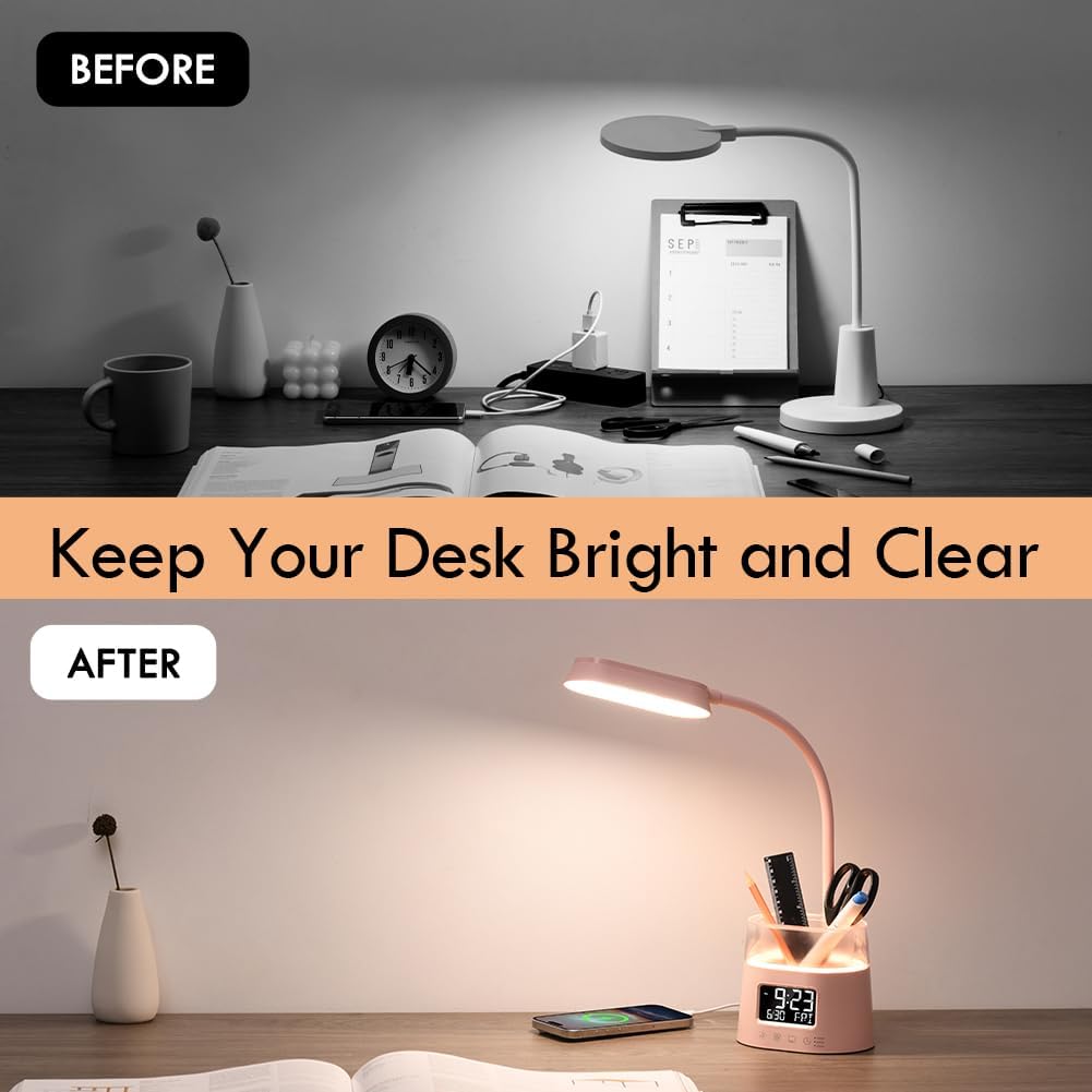 WILIT LED Desk Lamp for College Dorm Room Essentials, Students Study Lamp with USB Charging Port, Pen Holder, Clock & RGB Night Light, Office Desk Light Accessories, Table Lamp for Bedroom - Pink