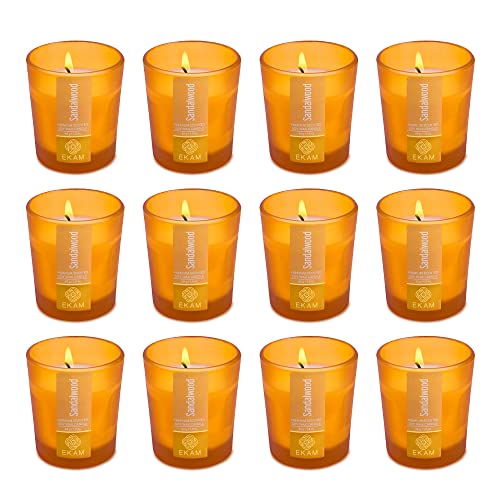 Image of EKAM Sandalwood Votive Soy Wax Scented Candle, 40 Grams, 10 Hours Burn Time| Long Lasting Premium Candles | Ideal for Home Decor | Gifting & Aromatherapy (Pack of 12)
