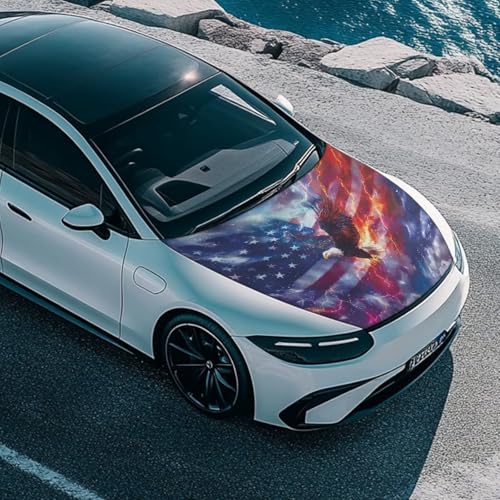 Image of USA Flag Eagle Car Hood Cover Cool Lightning Design Auto Hood Flag 4th of July Patriotic Decorations Waterproof Sunproof Stretchable Automotive Exterior Accessories
