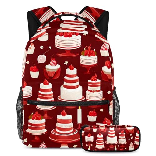 Sac à dos d'école motif dessert rouge pour adolescents avec sa trousse assortie