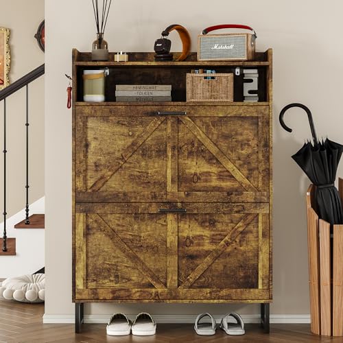 Image of BORNOON Shoe Cabinet with 2 Flip Drawers Narrow Shoe Storage Cabinet Organizer Wooden Freestanding Rack Hidden Slim Storage for Entryway, Hallway, Living Room, Bedroom (Brown)