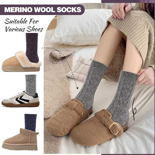 EBMORE 5 Pairs Merino Wool Socks for Women Thermal Warm Thick Winter Hiking Knit Cozy Crew Duty Work Soft Socks for Ladies2