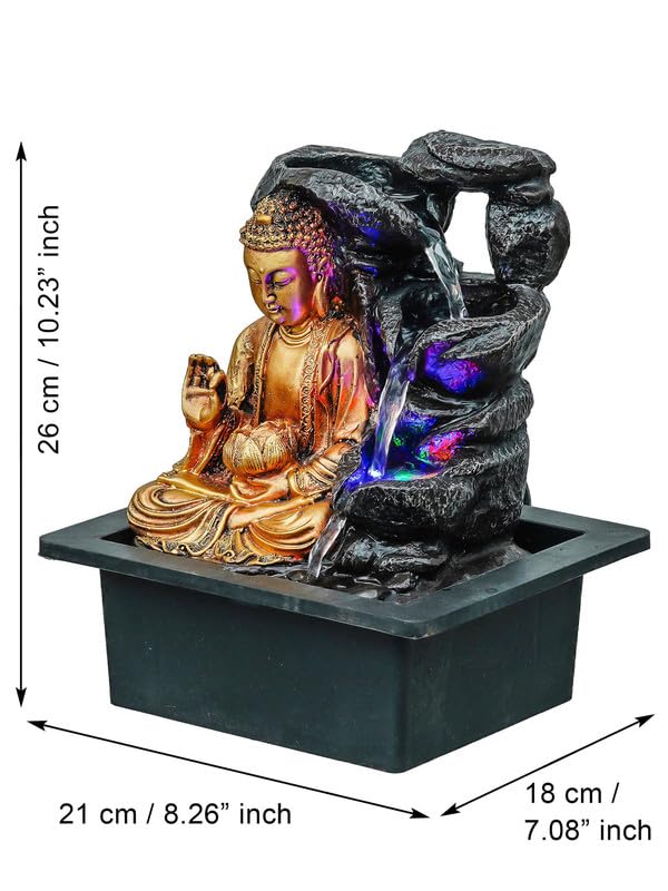 Image of Golden Brown Polyresin Tabletop Buddha 3 Step Indoor Water Fountain for Home Decor with LED, Speed Control Pump (Size: 21 x 18 x 26 CM | Weight: 870Gram)