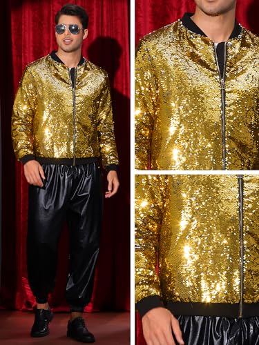 Image of Lars Amadeus Sequin Varsity Jacket for Men's Zipper Party Disco Flip-Sequin Shiny Bomber Jackets