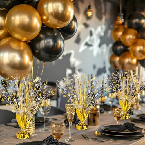 Image of Canlierr 6 Pcs Metallic Foil Spray Centerpiece Party Happy Birthday Gold and Silver Small Star Table Decorations Burst Centerpieces with Emerald Willow Suitable for Birthday Party Season Holiday