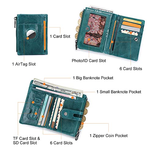 CONTACTS Womens Bifold Wallet Leather, AirTag Minimalist Leather Purse for Women Small Coin Card Zipper Pocket with RFID Blocking (Peacock Blue)4