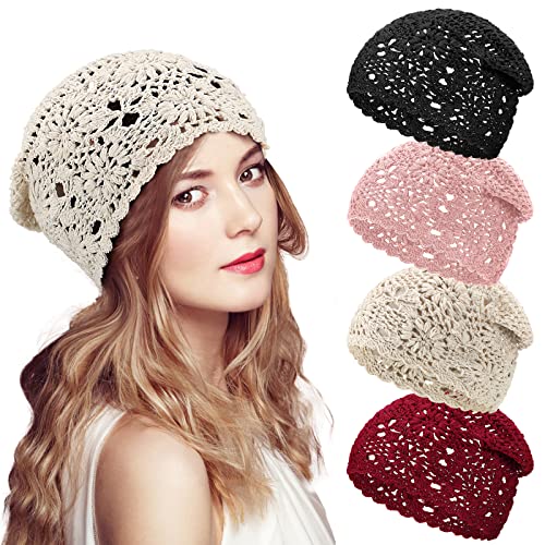 4 Pcs Crochet Slouchy Beanie Hat 2025 Fall Handmade Knit Floral Skull Cap Cotton Cutout Hats for...