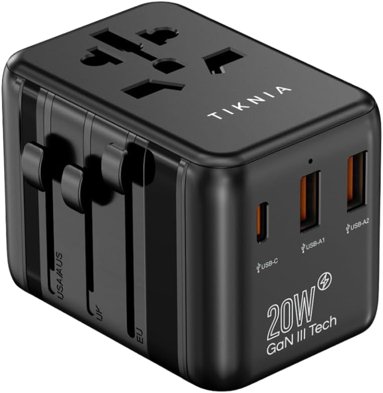 TIKNIAUniversal International Power Travel Plug Adapter, 4 in 1 European Travel Plug Adaptor 2xUSB-A and 1xUSB C Fast Wall Charger and Worldwide AC Outlet for Europe USA UK AUS Asia (Black)