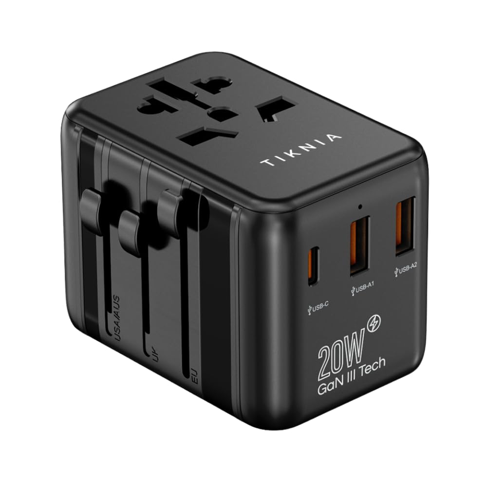 TIKNIAUniversal International Power Travel Plug Adapter, 4 in 1 European Travel Plug Adaptor 2xUSB-A and 1xUSB C Fast Wall Charger and Worldwide AC Outlet for Europe USA UK AUS Asia (Black)