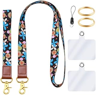 Cobee Cell Phone Lanyards, Floral Print Crossbody Phone Lanyard + Stylish Phone Hand Wrist Strap Adjustable Neck Lanyard Sholder Neck Straps with 2 Pcs Transparent Pads and Metal Clasp Keyrings