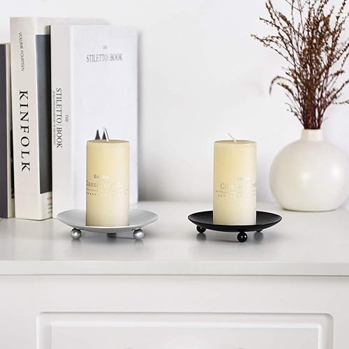Miniatura 3 de Juego de 2 portavelas de hierro, placa decorativa de hierro para velas, soporte de vela de pedestal de primera calidad para velas de cera (plateado)
