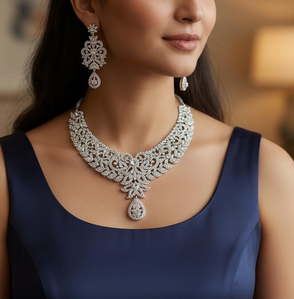 Touchstone Hollywood Glamour Pretty Filigree Paisley Motif Rhinestones Studded Diamond Look Designer Bridal Jewelry Hasli Necklace Set For Women In Antique Gold or White or Silver Tone. - Image 4