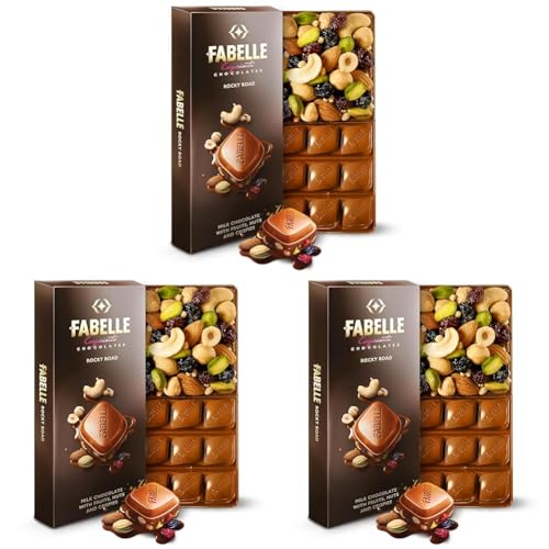 Image of Fabelle Rocky Road -Luxury Handcrafted Milk Chocolate Bar with Dry Fruits, Crunchy Nuts and Crispies,120g, Premium Milk Chocolate Gift, Chocolate Bar (Pack of 3)