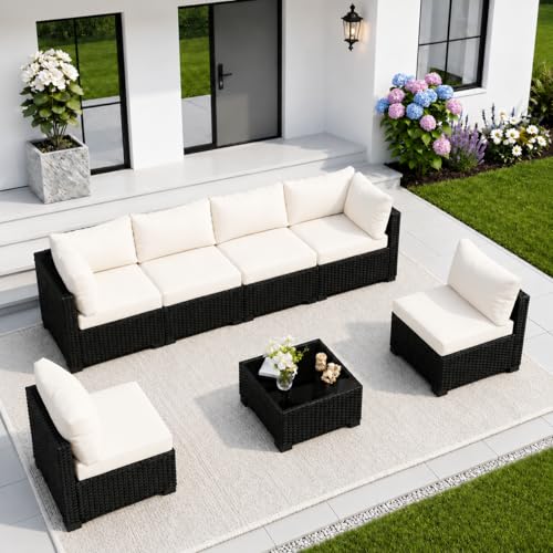 Image of 7 Piece Outdoor Sectional Outdoor Patio Furniture Set, Outdoor Patio Furniture Set with Coffee Table, Sectional Couch Sofa with Cushions, Wicker Outdoor Conversation Set for Backyard & Garden, Blue