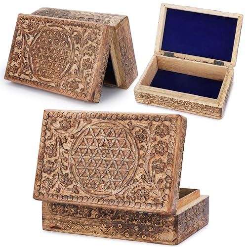 Ajuny Caja Joyero de Madera de Mango con Flores Celtas Talladas a Mano, Cofre Decorativo Multiusos para Joyas, Baratijas y Relojes, Caja de Recuerdos Vintage, Regalo para Mujer y Hombre