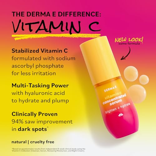 DERMA E Vitamin C Concentrated Serum with Hyaluronic Acid, Vitamin E & Aloe, All Natural, Antioxidant-Rich Concentrated Facial Serum – Firming and Brightening Vitamin C Face Serum, 1oz