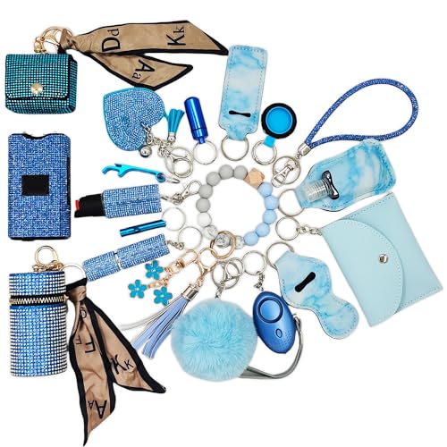 BATUMEYE Keychain Set for Woman Gift with Whistle Bottle Opener Card Holder Wristlet Strap Travel Bottle Holder(Blue)