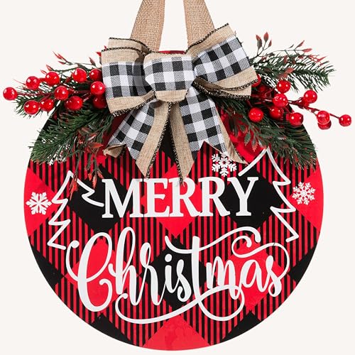 Christmas Door Sign for Front Door, 12 Inch Merry Christmas Welcome Hanging Wreath Decor with Bow, Rustic Farmhouse Holiday Hanger for Porch, Wall, Indoor Outdoor (Christmas Door Sign-D)