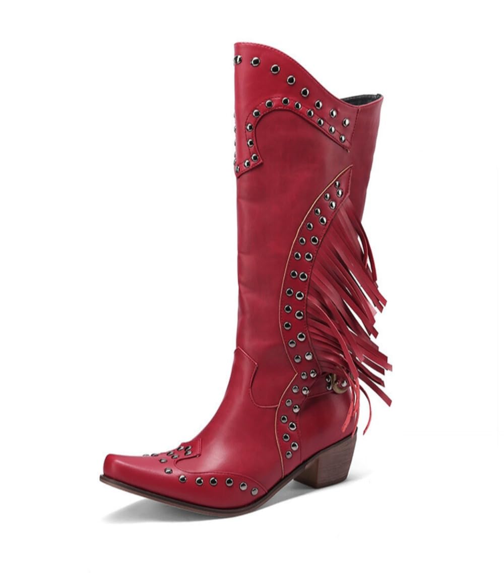 Geerta Fringe Cowboy Boots for Women Knee High Western Boots Embroidery Cowgirl Pull-On Pointy Toe Wide - Plus