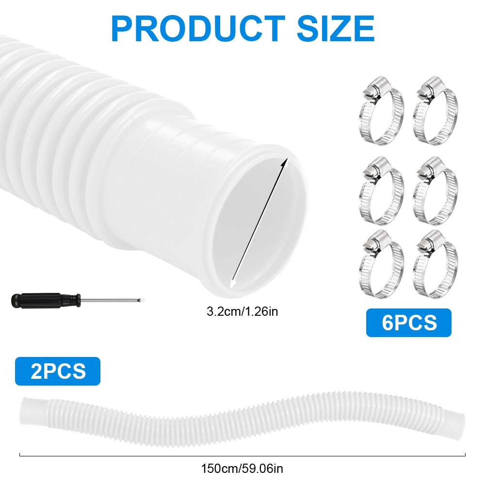 2Pcs Tuyau Piscine 32mm, 1.5m Tuyau de Rechange pour Piscine avec 6 Clips de Sécurité et 2 Raccord de Tuyau, Tuyau Filtration Piscines pour Piscines Hors Sol, Spa
