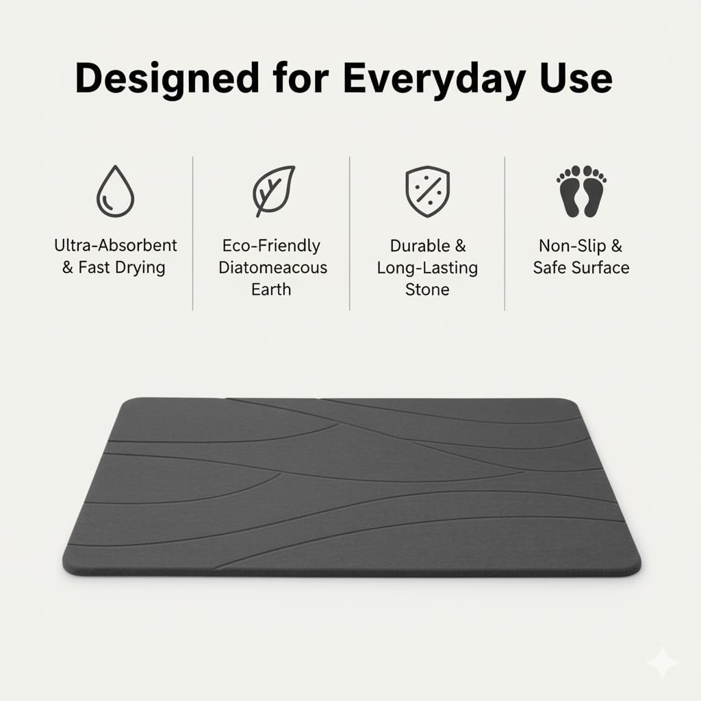 Dark Gray Stone Bath Mat – Quick Dry Diatomaceous Earth Bathroom Mat, Non-Slip & Absorbent Fast Drying Floor Mat, Easy to Clean, Modern Spa-Style Shower Mat - Image 7