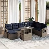 Qnhdfrt 9-teiliges Polyrattan Gartenmöbel Set grau 100x55 cm Verstellbarer Tisch marineblaue Kissen...