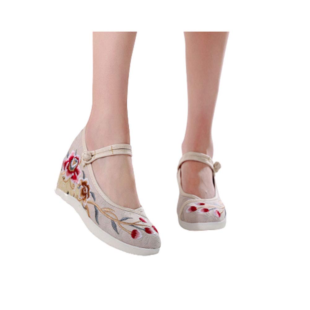 HFJLLWomen Embroidered Shoes- Canvas-Wedge - Mary Jane Shoes