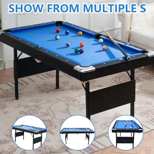 Billiards Table, 5.5 Ft Foldable Pool Table, Balls, Brush, Triangle Rackand, Chalk, for Basements, Adult Rrec Room and Family Game Room (Black+Blue)
