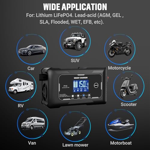 Image of HTRC 15A Car Battery Charger 12V /24V for AGM, Gel, EFB, LiFePO4 Batteries