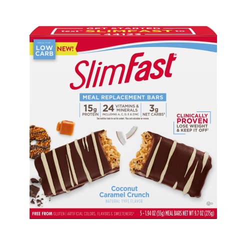 SlimFast Low Carb Meal Replacement Protein Bar, Keto Friendly Chocolate Snacks for Weight Loss with 15g of Protein, Coconut Caramel Crunch, 5 Count Box (Packaging May Vary)