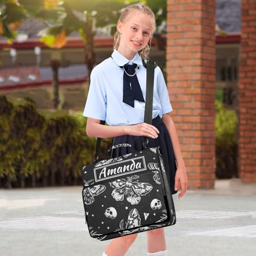 Image of Custom 3 Ring Zipper Binder Skull Moon Moth Black Skeleton Personalized Name 1.5 inch Binders Large Capacity Multi Pockets for School Office Supplies