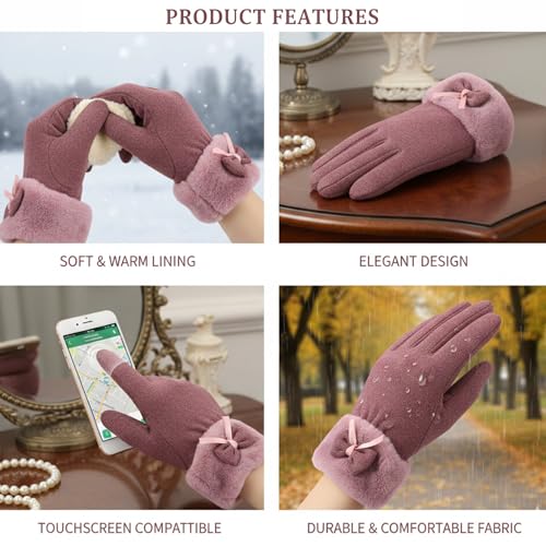 Image of Kraptick Women's Winter Woolen Gloves - Premium Thermal Fleece Lined Touchscreen Hand Warmer Gloves for Cold Weather, Cycling & Driving Soft Fur Cable Knit Elastic Mittens (Free Size, Purple Bow)-6