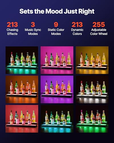 Image of VEVOR LED Lighted Liquor Bottle Display, 2 Tiers 30 inches, Supports USB, Acrylic Illuminated Home Bar Shelf Display with RF Remote & App Control, 9 Static Colors, Timing Mode, for 14-20 Bottles